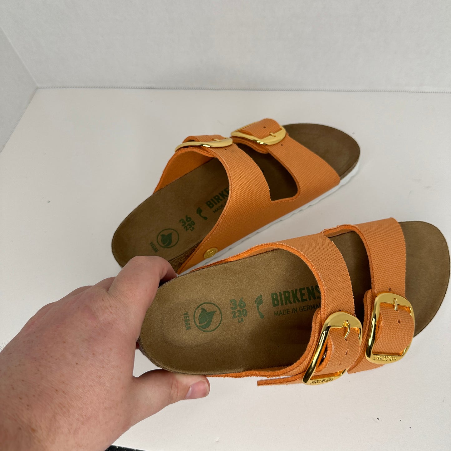 Birkenstock Arizona Sandals Orange and White Adjustable Buckle Cork Insole Rubber Outsole Fabric Lightweight