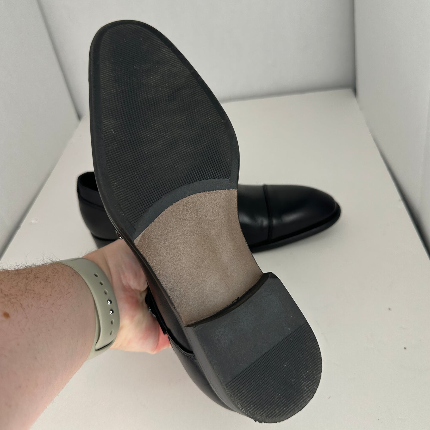 Nordstrom Ortholite Mens Dress Shoes Black and Silver Adjustable Straps Arch Support Raised Heel Slip On Lightweight