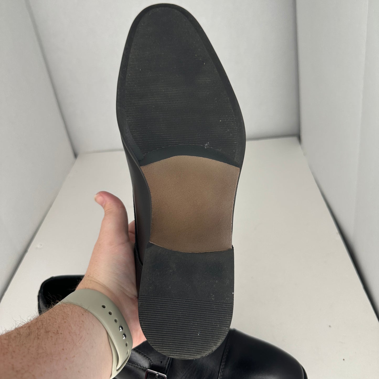 Nordstrom Ortholite Mens Dress Shoes Black and Silver Adjustable Straps Arch Support Raised Heel Slip On Lightweight