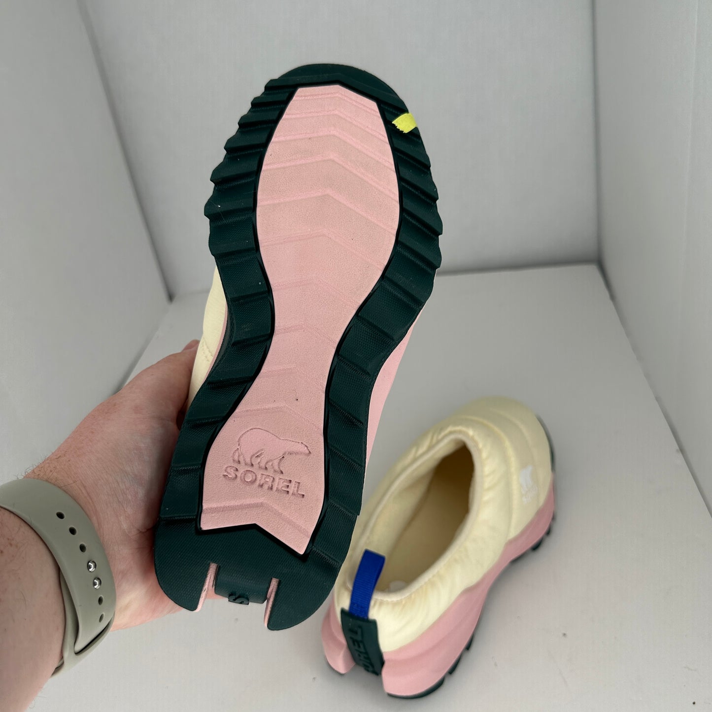 Sorel Faux Fur Slippers White, Pink, and Blue Lightweight Lined & Insulated Fleece-Like Outter Rubber Outsole Logo Accent