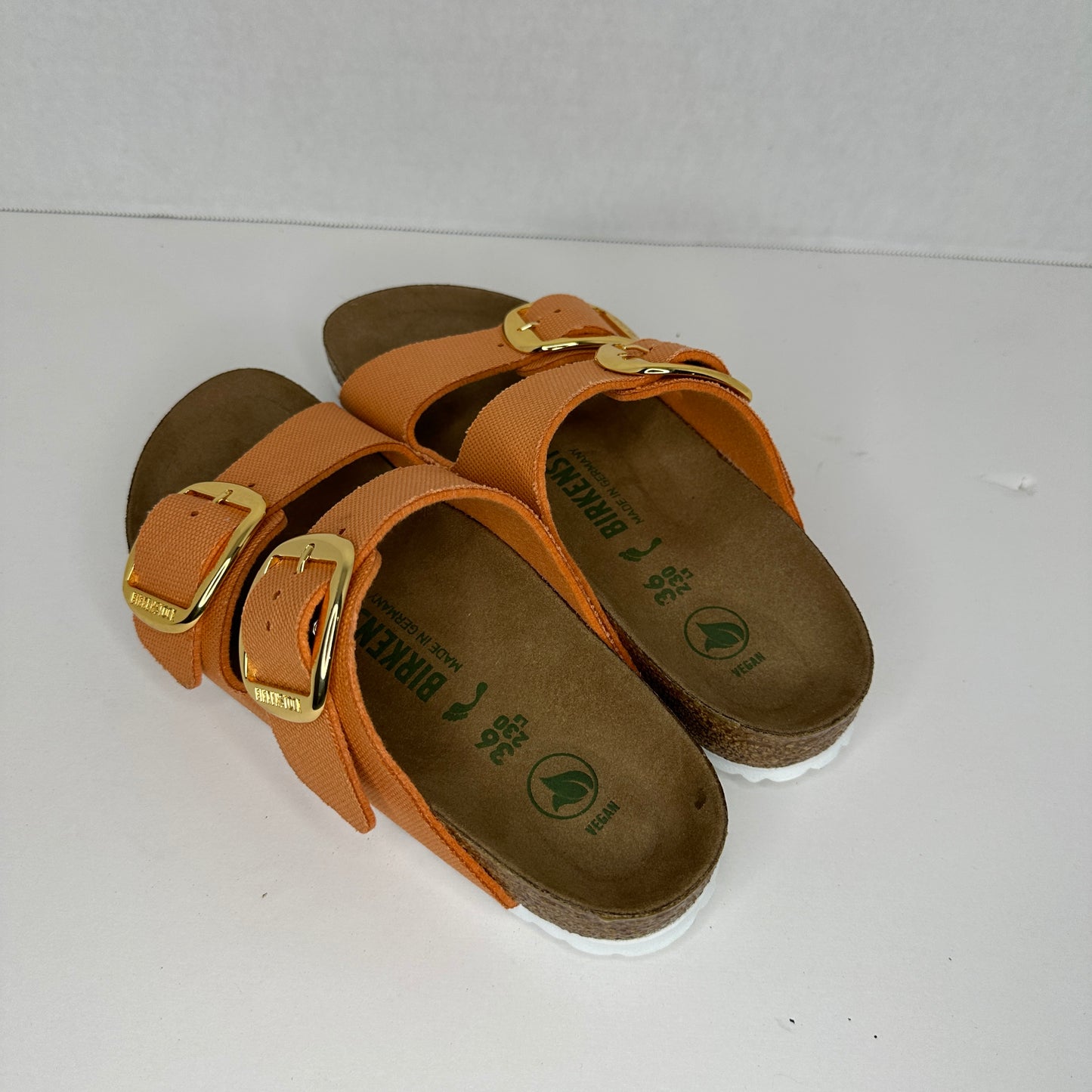 Birkenstock Arizona Sandals Orange and White Adjustable Buckle Cork Insole Rubber Outsole Fabric Lightweight