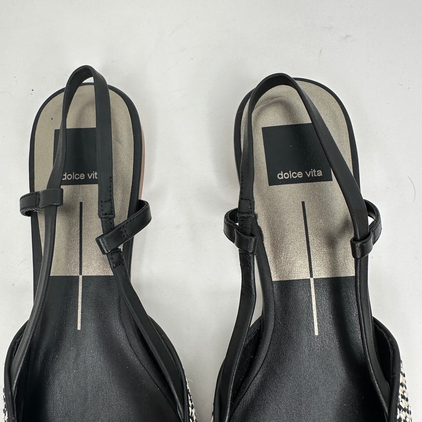 Dolce Vita Narah Flats Black and White Multi Colored Slip On Elastic Straps Pointed Cap Toe Multi-Colored Wedge Heel