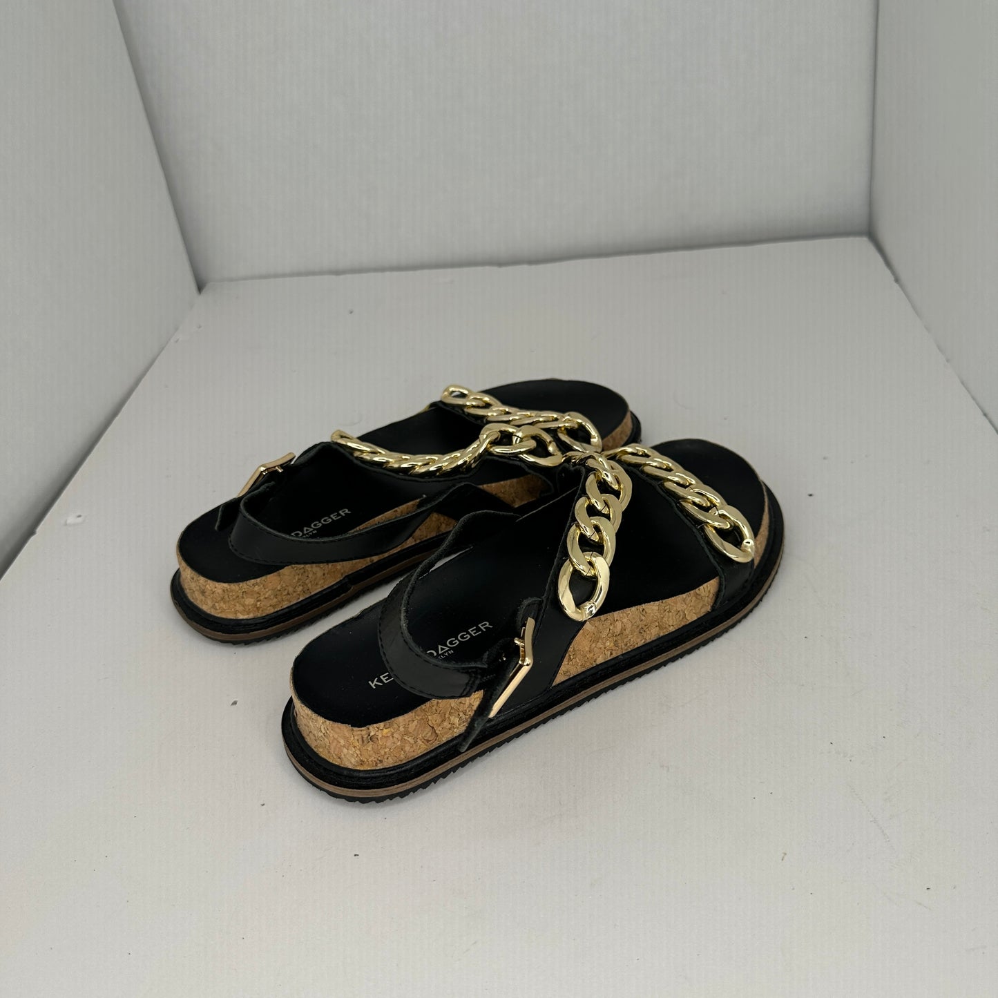 Kelsi Dagger Brooklyn Script Sandals Black and Gold Adjustable Ankle Strap Lightweight Gold Chain Accents Limited Edition Lightweight