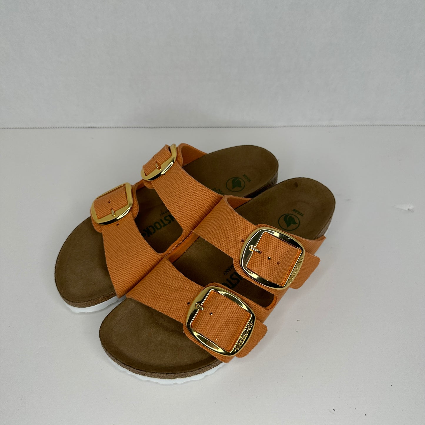 Birkenstock Arizona Sandals Orange and White Adjustable Buckle Cork Insole Rubber Outsole Fabric Lightweight