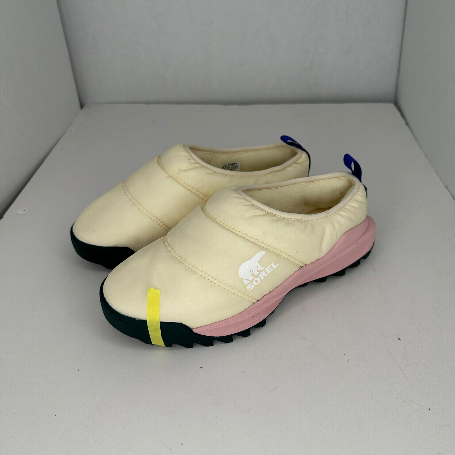 Sorel Faux Fur Slippers White, Pink, and Blue Lightweight Lined & Insulated Fleece-Like Outter Rubber Outsole Logo Accent