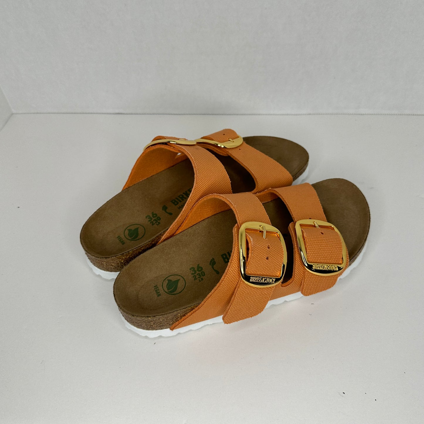 Birkenstock Arizona Sandals Orange and White Adjustable Buckle Cork Insole Rubber Outsole Fabric Lightweight