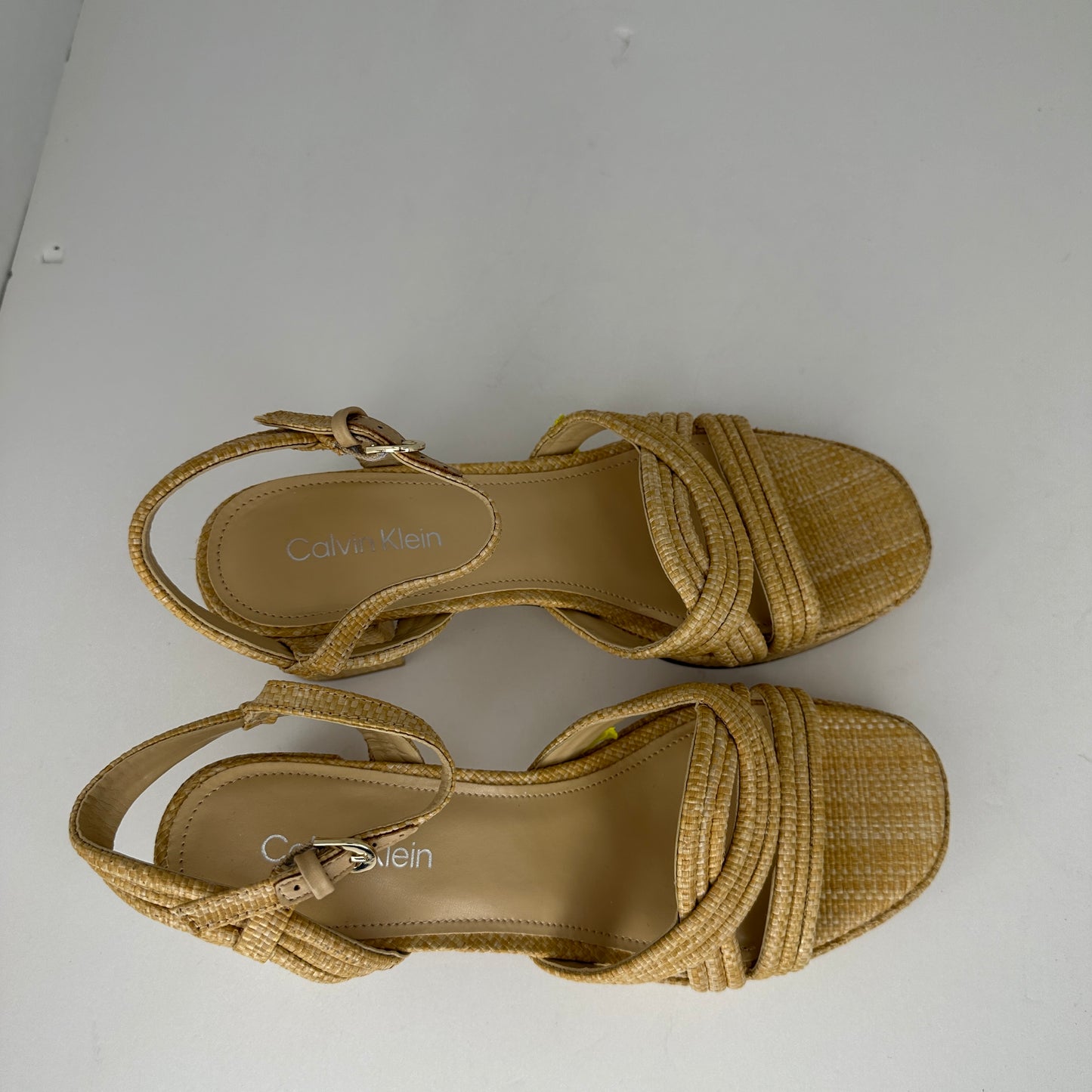 Calvin Klein Lailly Light and Natural Platform Sandal Heel Open Toe Adjustable Buckle Lightweight Synthetic Fabric