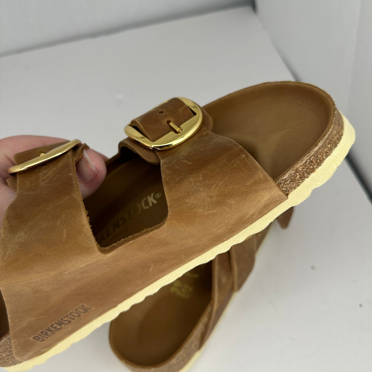 Birkenstock Arizona Big Buckle Sandals Brown and Gold Slip On Adjustable Buckle and Straps Contoured Insoles Lightweight Open Toe