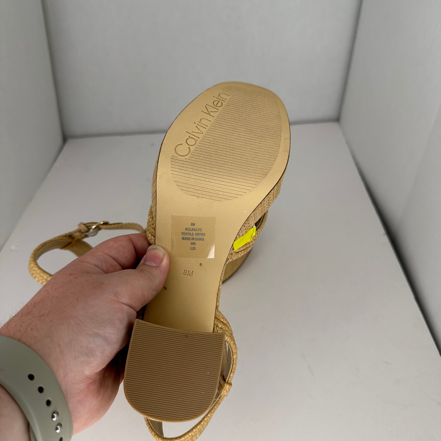 Calvin Klein Lailly Light and Natural Platform Sandal Heel Open Toe Adjustable Buckle Lightweight Synthetic Fabric