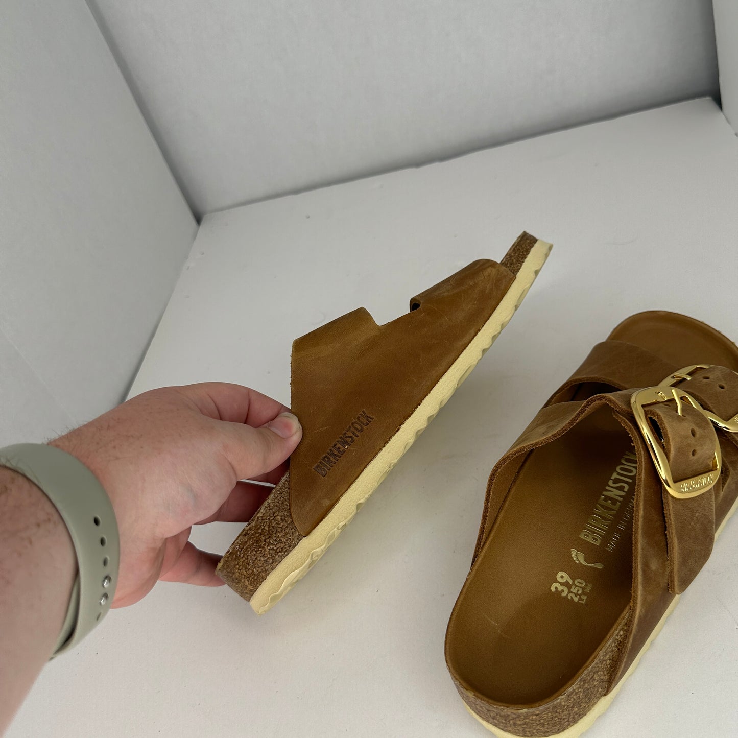Birkenstock Arizona Big Buckle Sandals Brown and Gold Slip On Adjustable Buckle and Straps Contoured Insoles Lightweight Open Toe