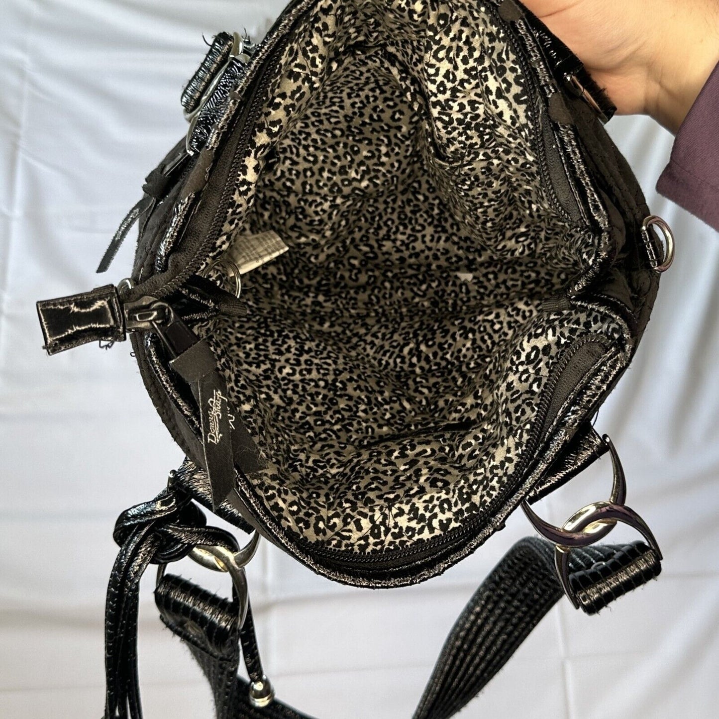 Donna Sharp Black Leather Purse with Zipper, Ornaments, and Zippered Pockets