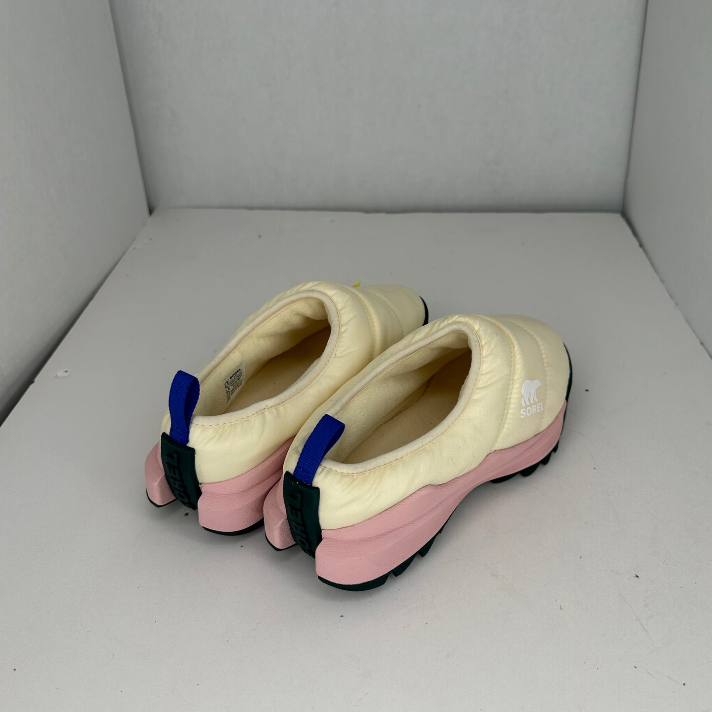 Sorel Faux Fur Slippers White, Pink, and Blue Lightweight Lined & Insulated Fleece-Like Outter Rubber Outsole Logo Accent