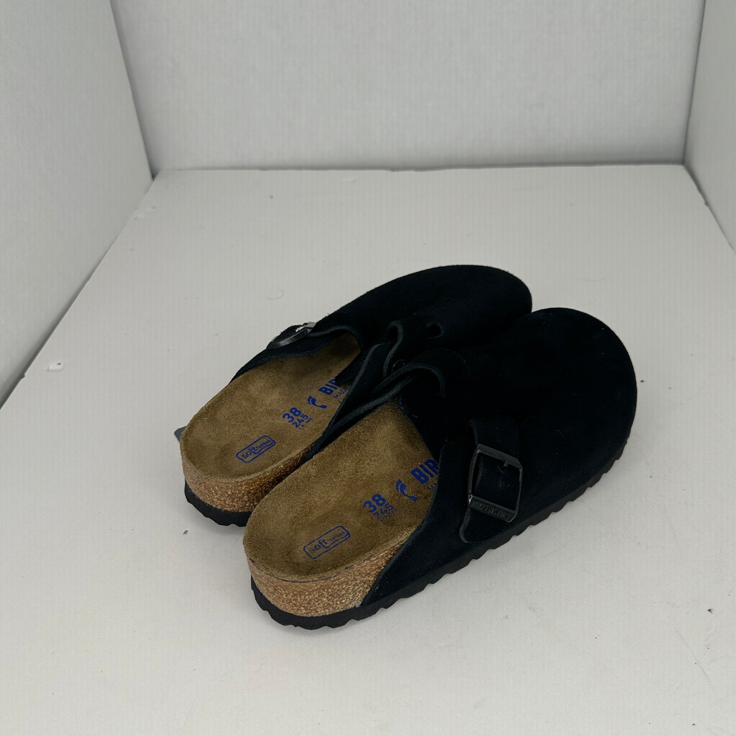 Birkenstock Womens Boston Clog Black Slip On Adjustable Buckle Lightweight Closed Toe Logo Accent