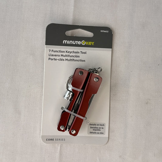 7 Function Key Chain Tool Swiss Army Knife Style Red Pliers, 2 Knives, LED Light