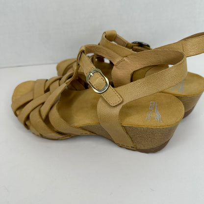 Dansko Tinley Wedge Heels Beige/Brown and Gold Straps Adjustable Buckle Open Toe Gold Accents Wedge <1"