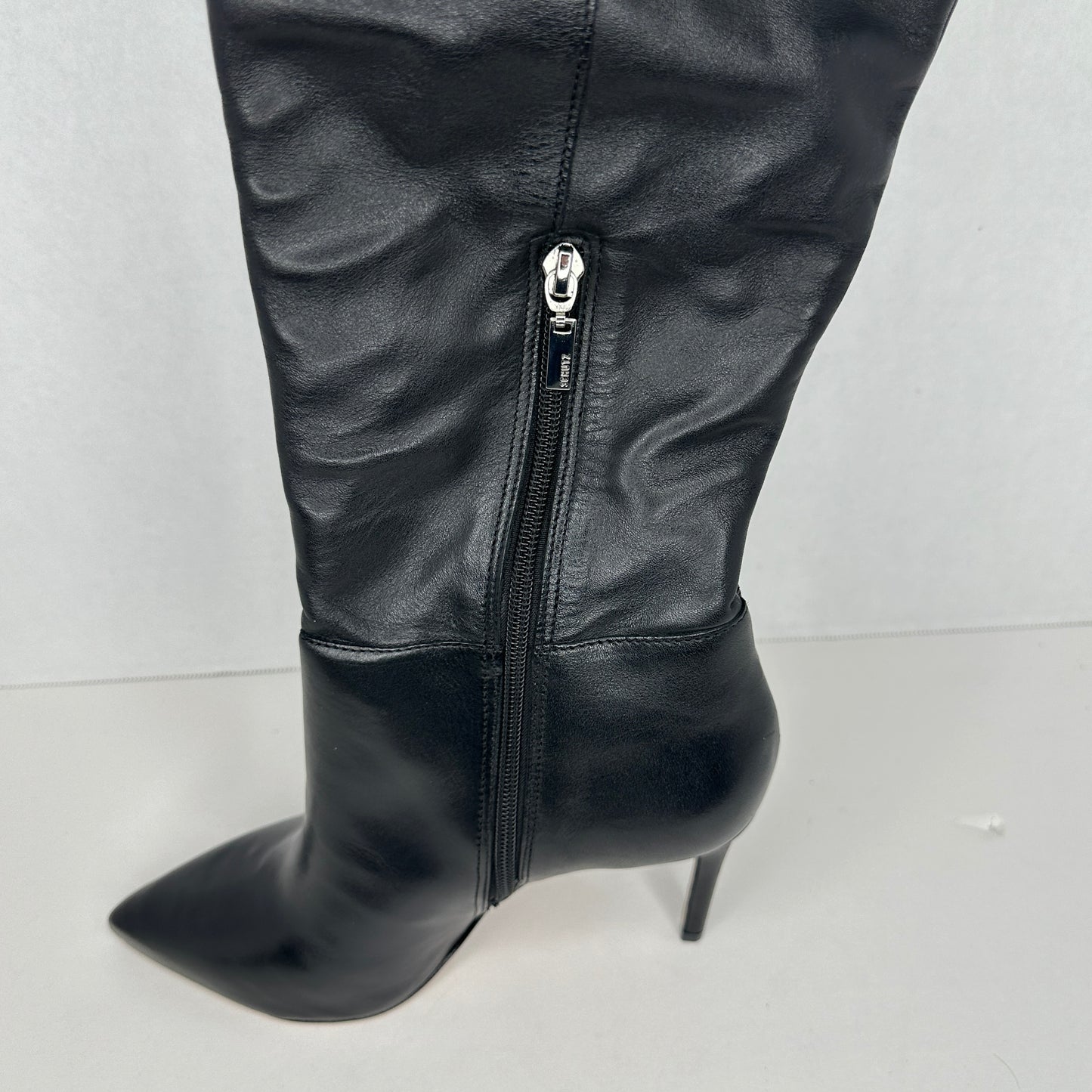 Schutz Mikki Heel Boots Black Over The Knee Slip On w Zipper Stiletto Heel Genuine Leather 3.5" Heel