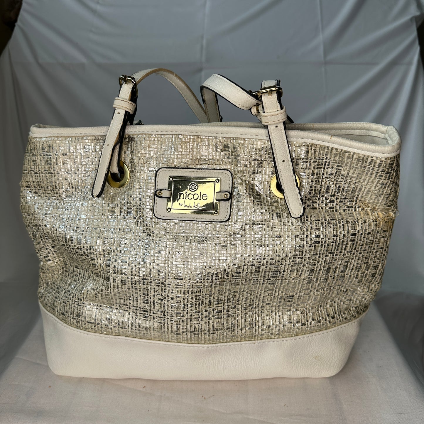 Nicole by Nicole Miller Lrg White Purse White/Gold White Leather White Crochet  Deep Lrg Purse Logo Accent Buckles and Multiple Pockets