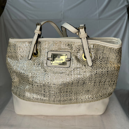 Nicole by Nicole Miller Lrg White Purse White/Gold White Leather White Crochet  Deep Lrg Purse Logo Accent Buckles and Multiple Pockets