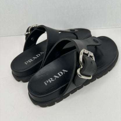 Prada Rubber Thong Sandal Black and Silver Limited Edition Adjustable Strap Buckle Comfortable Contoured