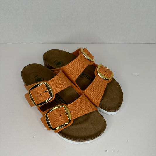 Birkenstock Arizona Sandals Orange and White Adjustable Buckle Cork Insole Rubber Outsole Fabric Lightweight