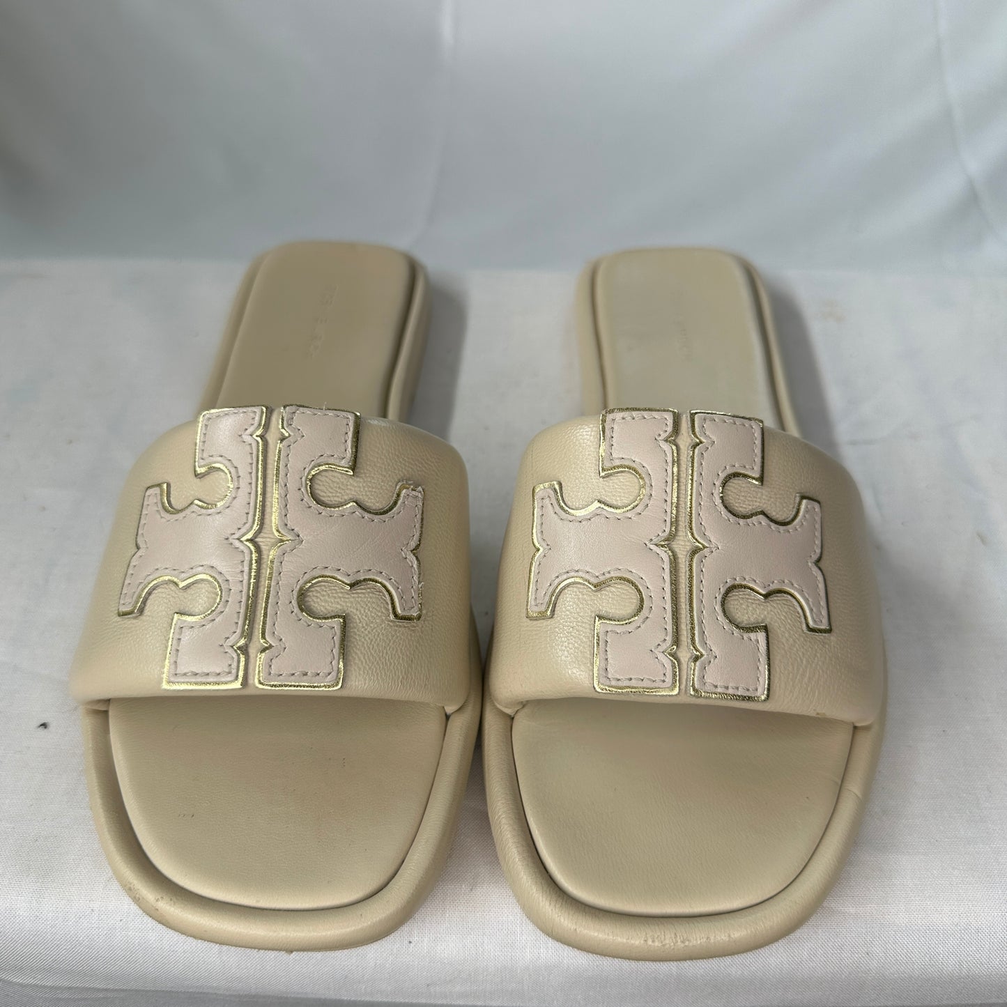 Tory Burch Ines Double T Leather Slides Dulce de Leche/Gold Memory Foam Limited Edition