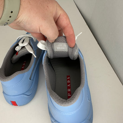 Prada America Cup Sneakers Blue, Gray, Red, White Genuine Leather Synthetic Fabric Blend Comfortable and Padded Lightweight Lace-Up