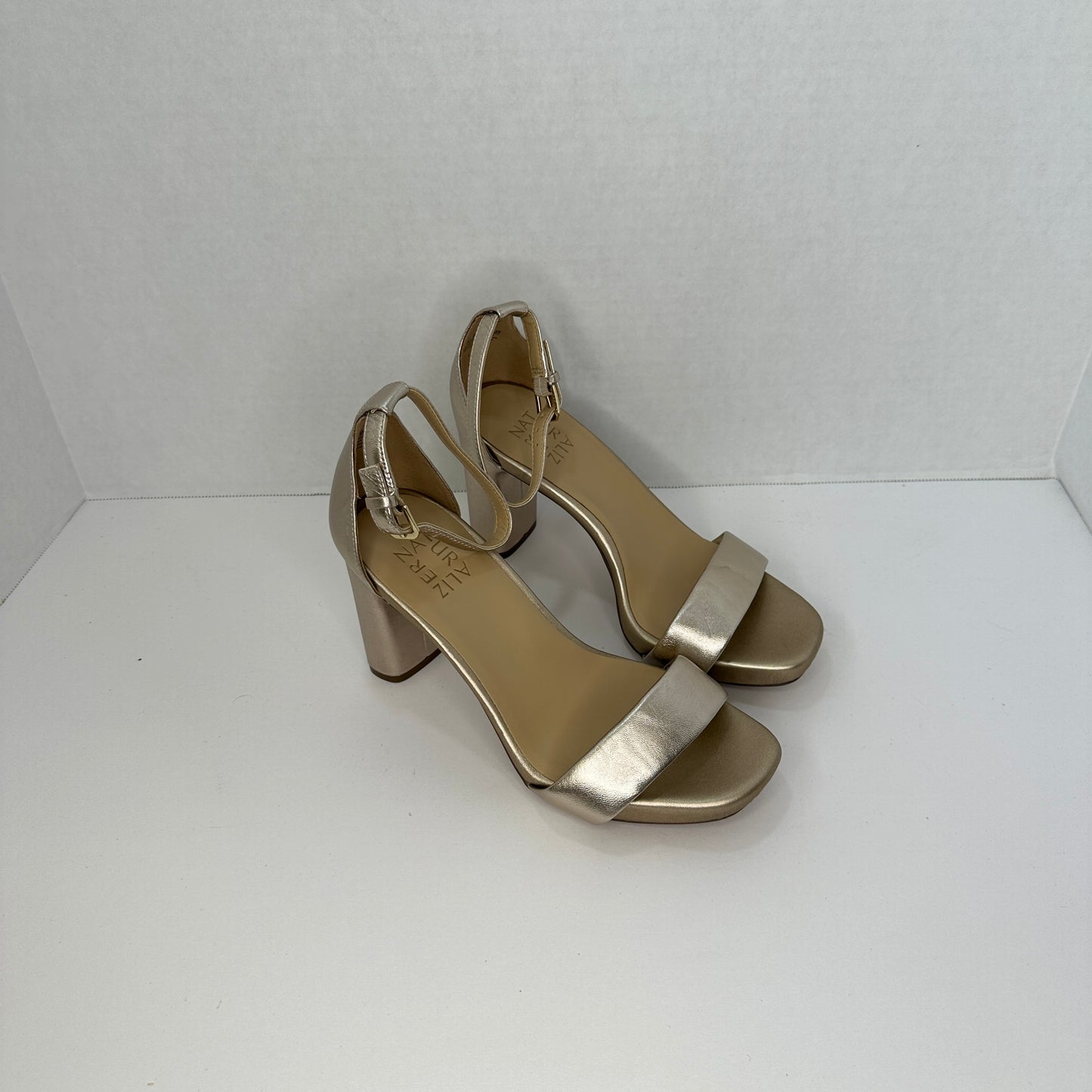 Naturalizer Joy Dress Leather Sandal Heels Gold/Champagne  Leather Ankle Strap Adjustable Buckle Padded 4" Heel