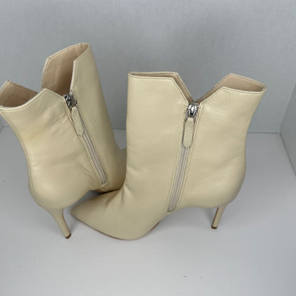 Schutz Betsey Bootie Heels Egg Shell/Ivory White 4" Heel Zipper 6" Tube Mid-Calf High Stiletto Heel