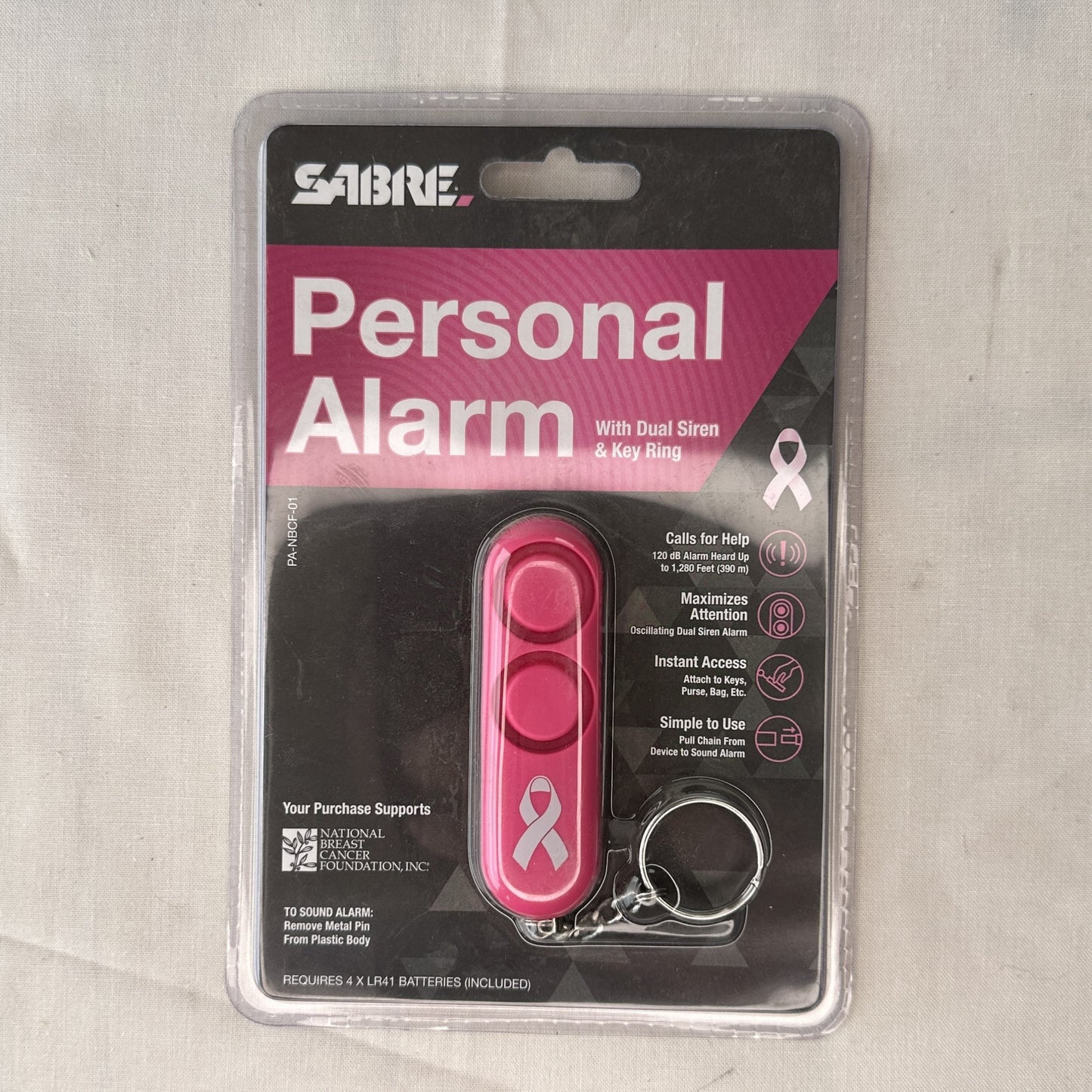 Pink Sabre Personal Key Chain Alarm Breast Cancer Awareness 1,200ft 120dB Alarm