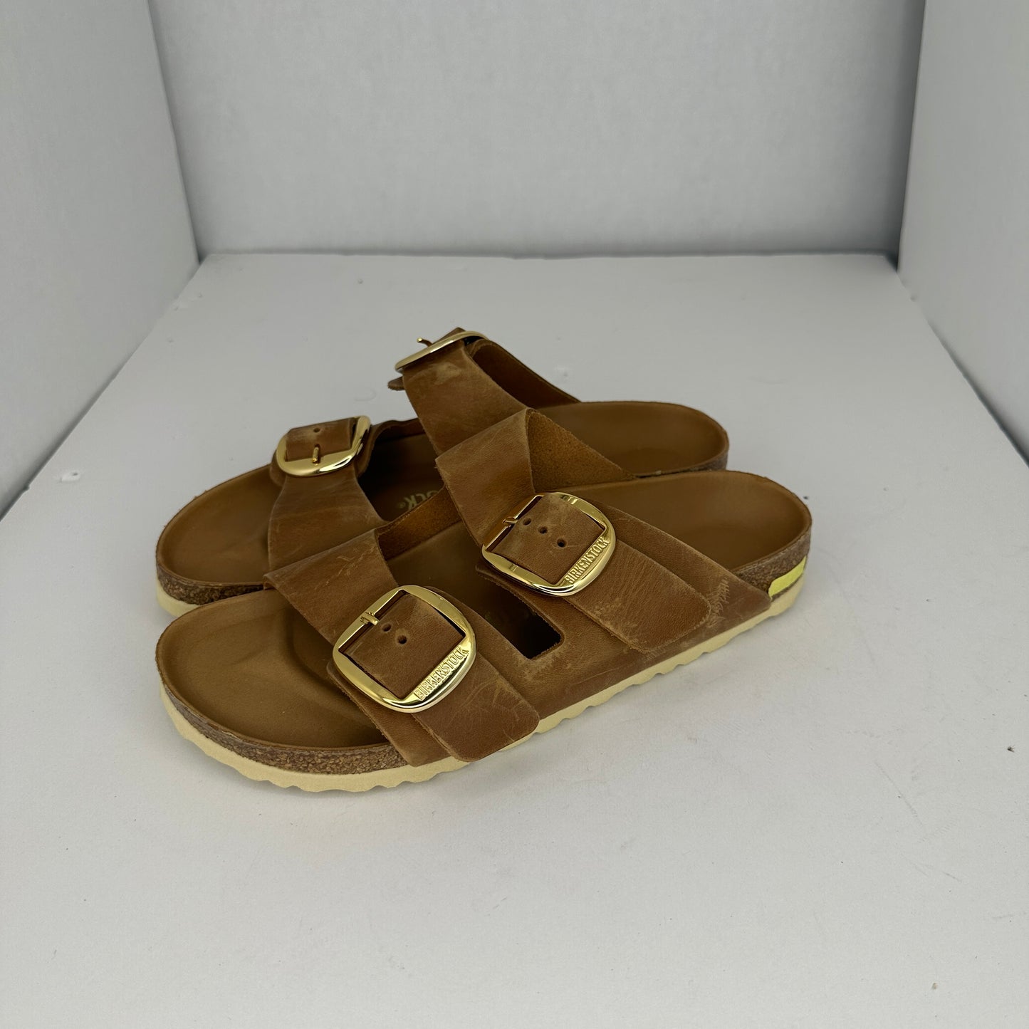 Birkenstock Arizona Big Buckle Sandals Brown and Gold Slip On Adjustable Buckle and Straps Contoured Insoles Lightweight Open Toe