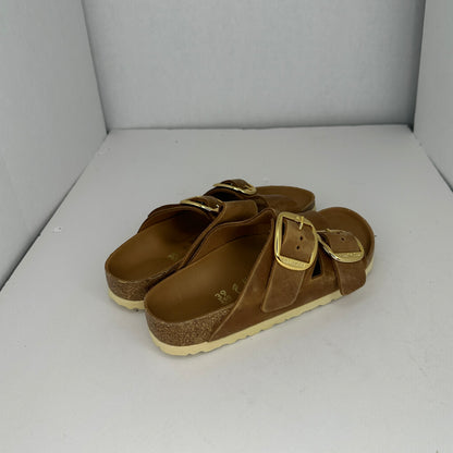 Birkenstock Arizona Big Buckle Sandals Brown and Gold Slip On Adjustable Buckle and Straps Contoured Insoles Lightweight Open Toe