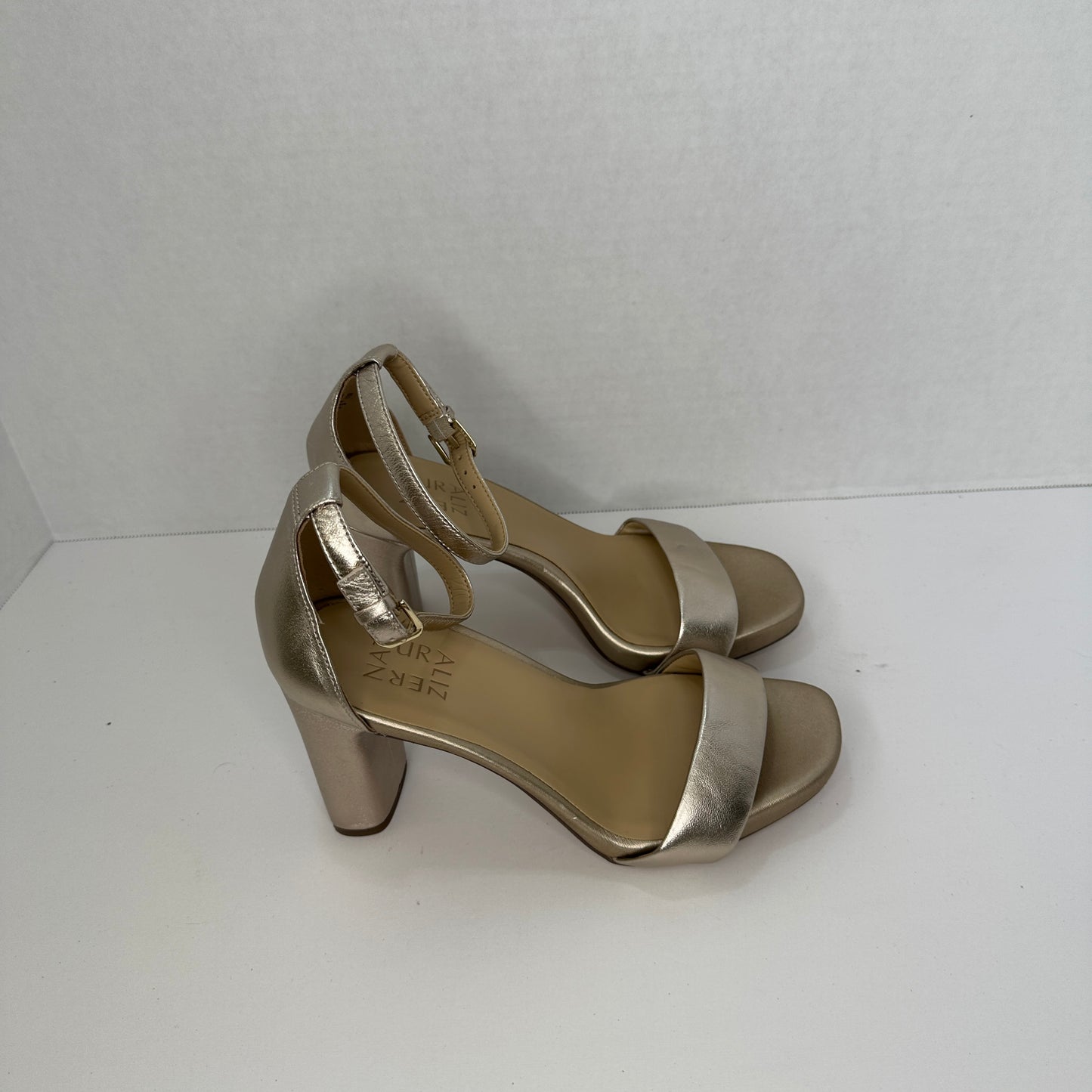 Naturalizer Joy Dress Leather Sandal Heels Gold/Champagne  Leather Ankle Strap Adjustable Buckle Padded 4" Heel