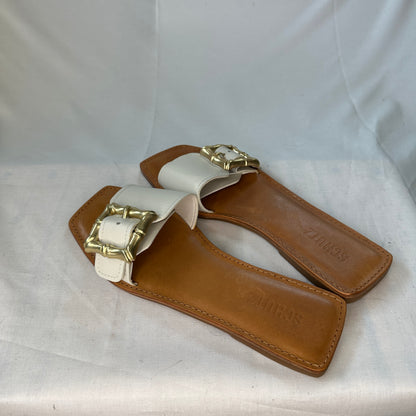 Schultz Enola Sandal Brown/White and Gold Woven Leather Adjustable Buckle Padded Flats Lightweight Open Toe