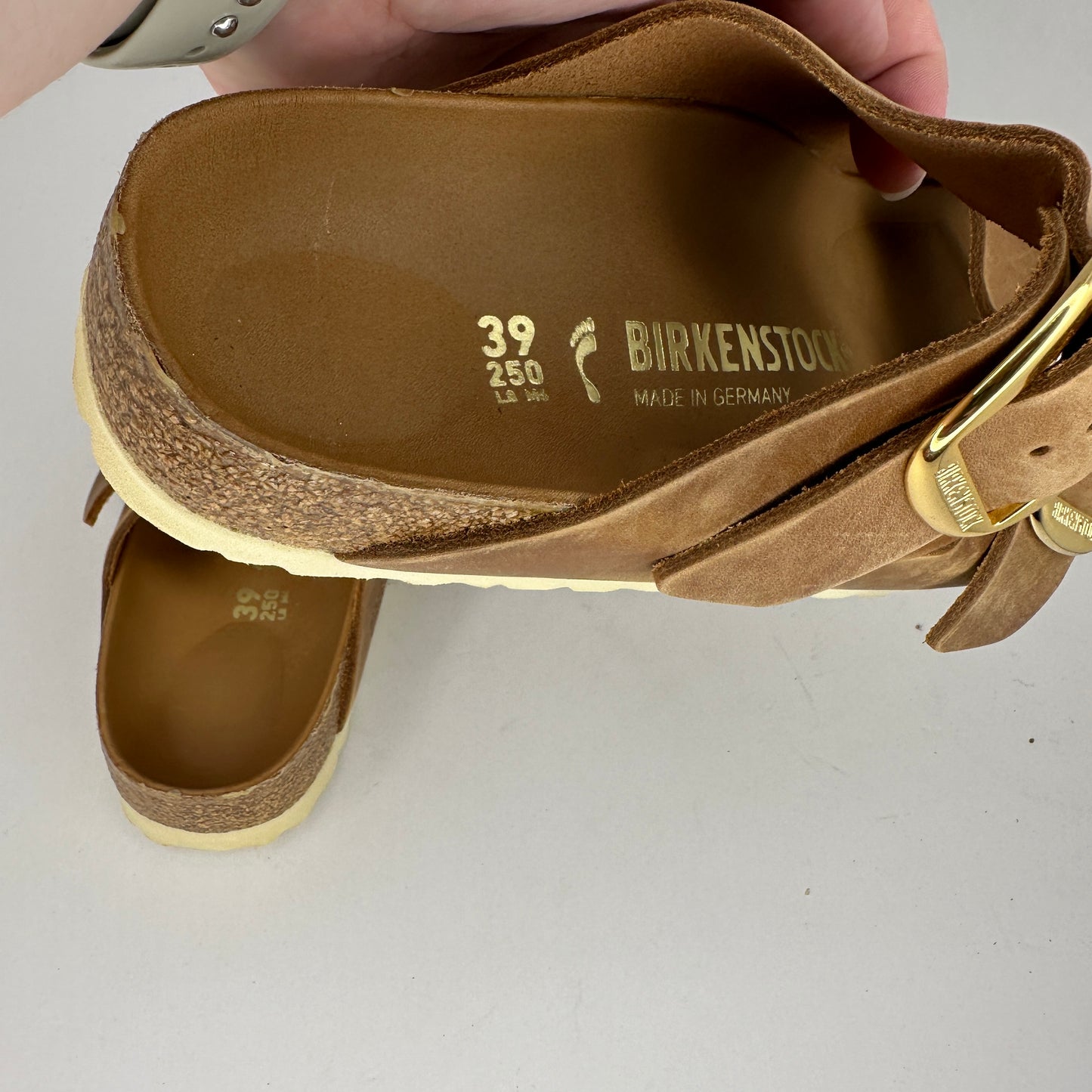 Birkenstock Arizona Big Buckle Sandals Brown and Gold Slip On Adjustable Buckle and Straps Contoured Insoles Lightweight Open Toe