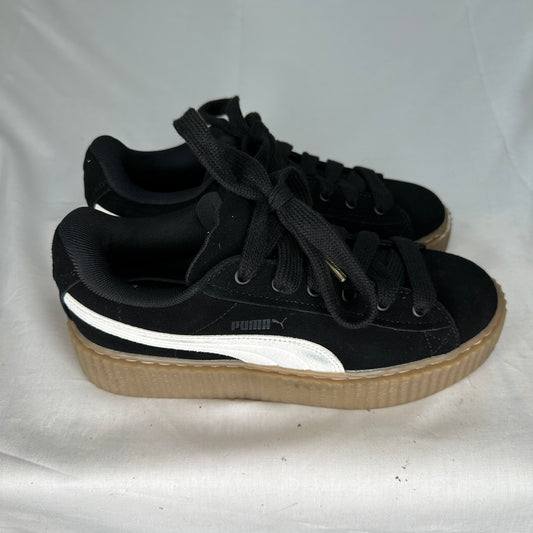 Puma Fenty x Suede Creeper Platform Shoes Black, Dark Beige Platform Outsoles, White Suede Outside Logo Accent Rubber Outsole 1/2" Platforms