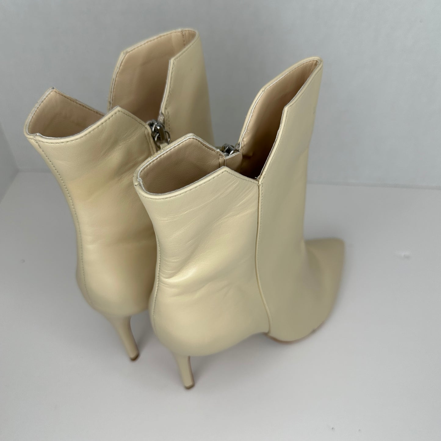 Schutz Betsey Bootie Heels Egg Shell/Ivory White 4" Heel Zipper 6" Tube Mid-Calf High Stiletto Heel