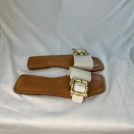 Schultz Enola Sandal Brown/White and Gold Woven Leather Adjustable Buckle Padded Flats Lightweight Open Toe