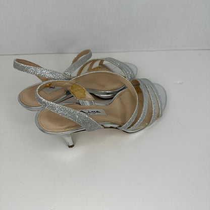 Nina New York Silver Silver Sparkles Padded Leather 3" Stiletto Heel Strappy Open  Toe