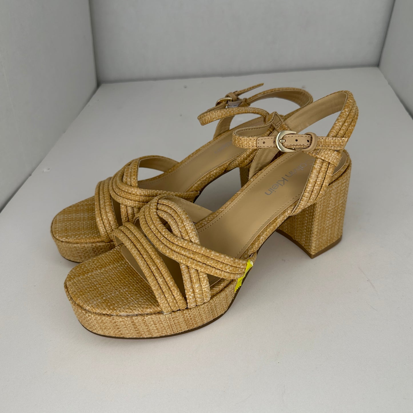 Calvin Klein Lailly Light and Natural Platform Sandal Heel Open Toe Adjustable Buckle Lightweight Synthetic Fabric