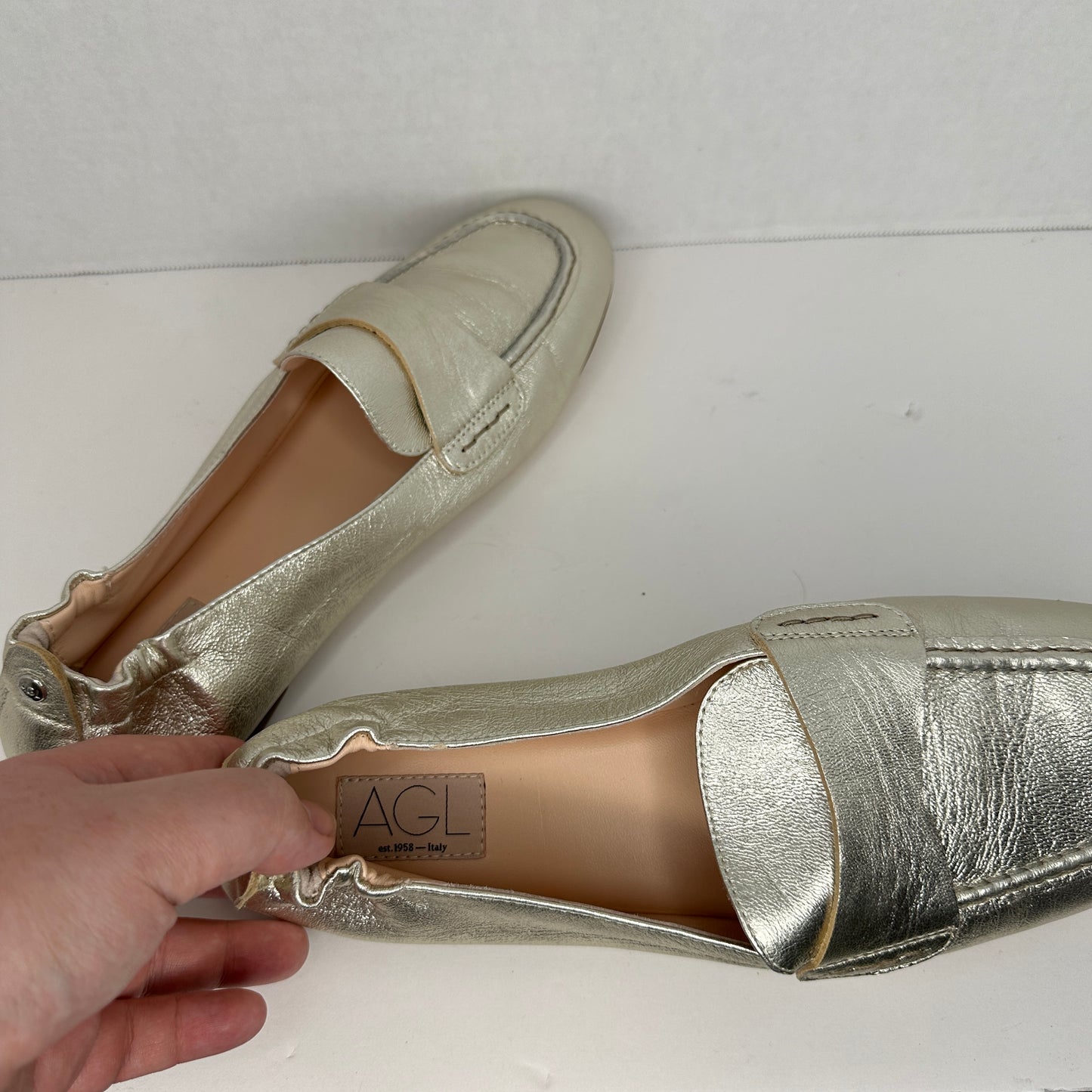 AGL Mara Pure Silver Moccasin Silver/Champagne Lightweight Slip On Leather Threaded Breathable Flats