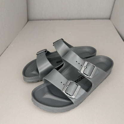 Birkenstock Arizona Essentials Gray Contoured Rubber Insole Buckle Adjustable Straps Slip On Sandals