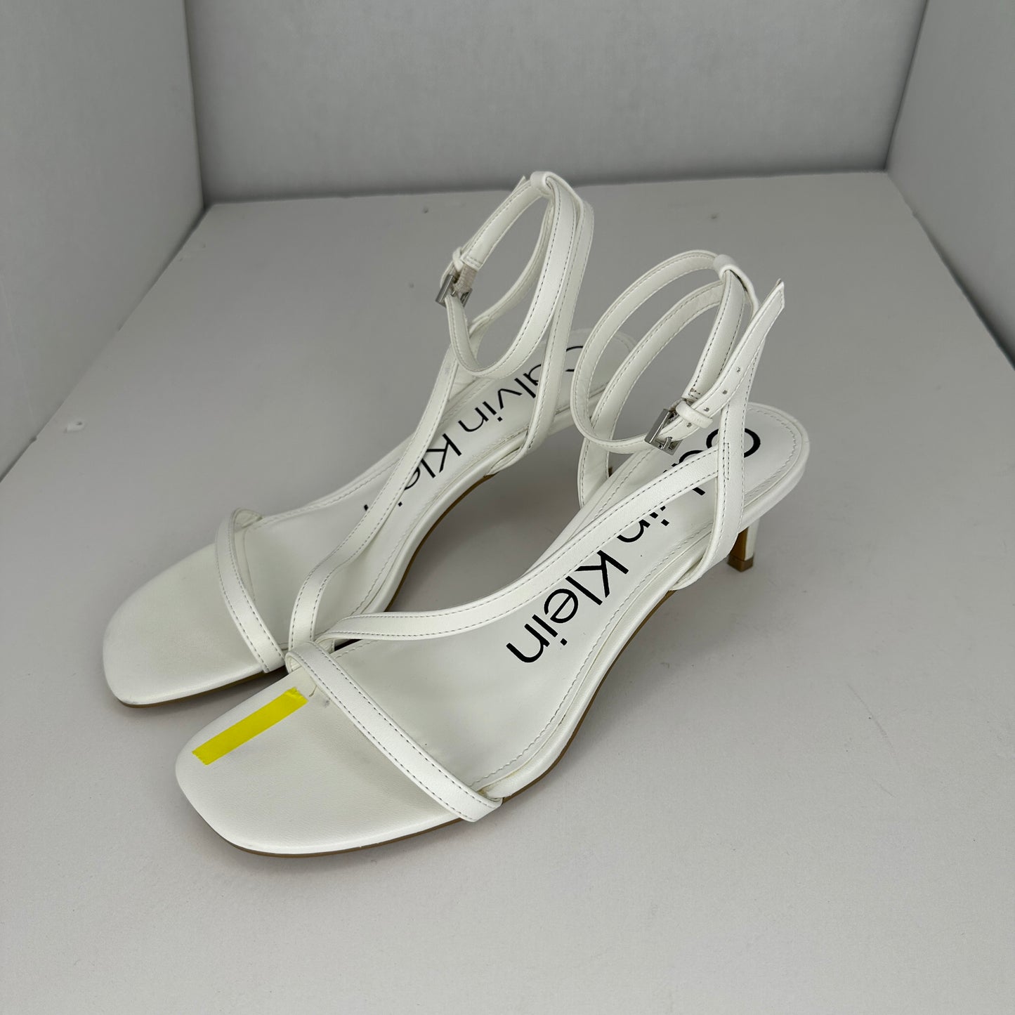 Calvin Klein Tegin Sandal Heel White Adjustable Ankle Strap 2.5" Stiletto Heel Open Toe Lightweight Limited Edition