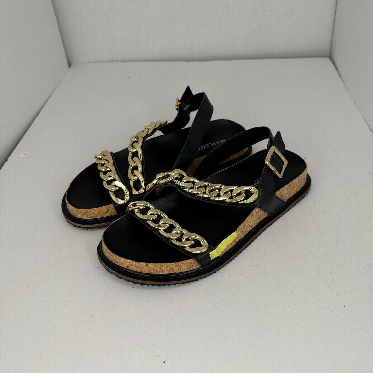 Kelsi Dagger Brooklyn Script Sandals Black and Gold Adjustable Ankle Strap Lightweight Gold Chain Accents Limited Edition Lightweight