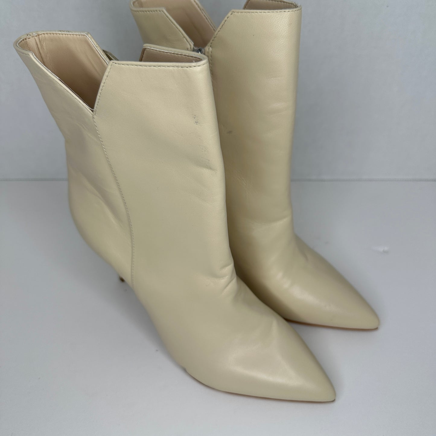 Schutz Betsey Bootie Heels Egg Shell/Ivory White 4" Heel Zipper 6" Tube Mid-Calf High Stiletto Heel