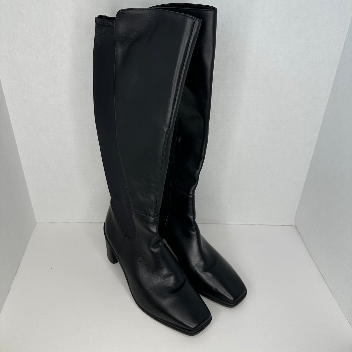 Naturalizer Heel Boots Black Slip On and Zipper Weatherproof Leather Knee High Wide Cap Toe