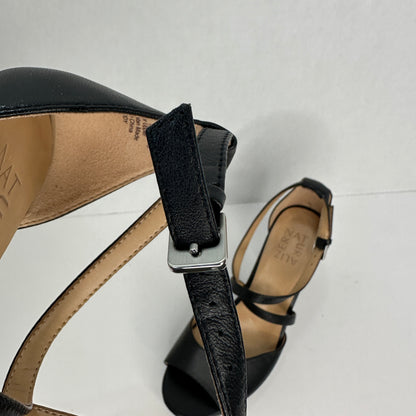 Naturalizer Melody Black Black 4" Heel Sandal Platform Soft Leather Buckle Ajustable Strap