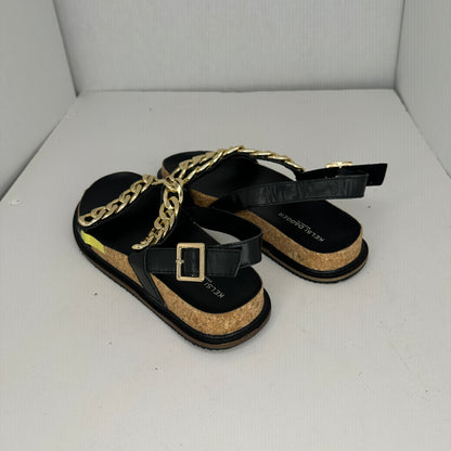 Kelsi Dagger Brooklyn Script Sandals Black and Gold Adjustable Ankle Strap Lightweight Gold Chain Accents Limited Edition Lightweight