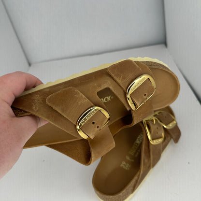 Birkenstock Arizona Big Buckle Sandals Brown and Gold Slip On Adjustable Buckle and Straps Contoured Insoles Lightweight Open Toe