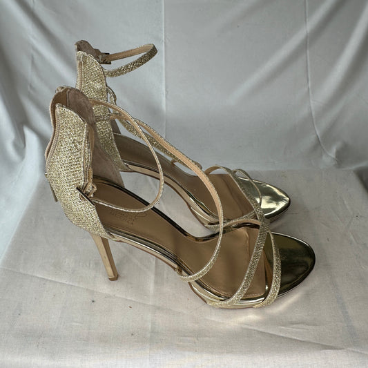 Jewel Badgley Mischka Lace/Straps Gold 3" Heel Stiletto Style Ultra Fancy Zipped Back Lightweight