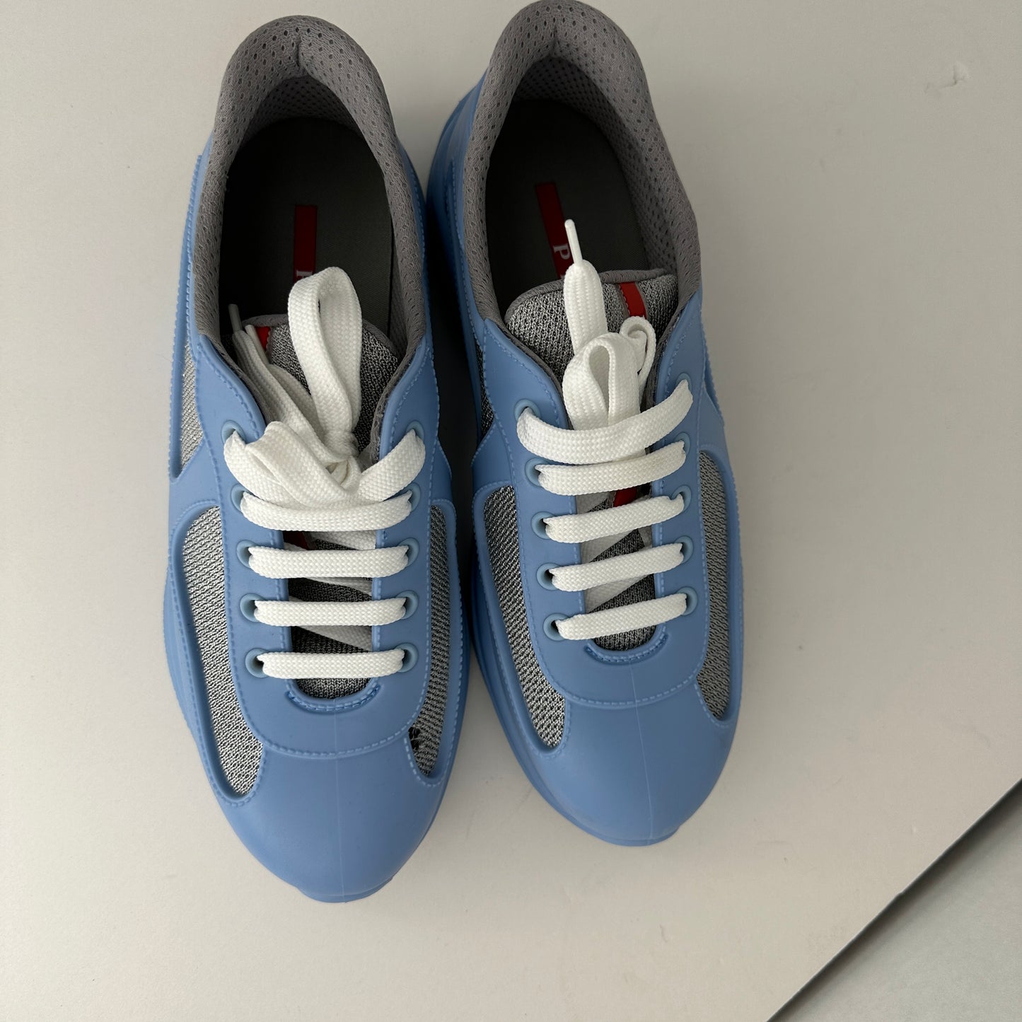 Prada America Cup Sneakers Blue, Gray, Red, White Genuine Leather Synthetic Fabric Blend Comfortable and Padded Lightweight Lace-Up